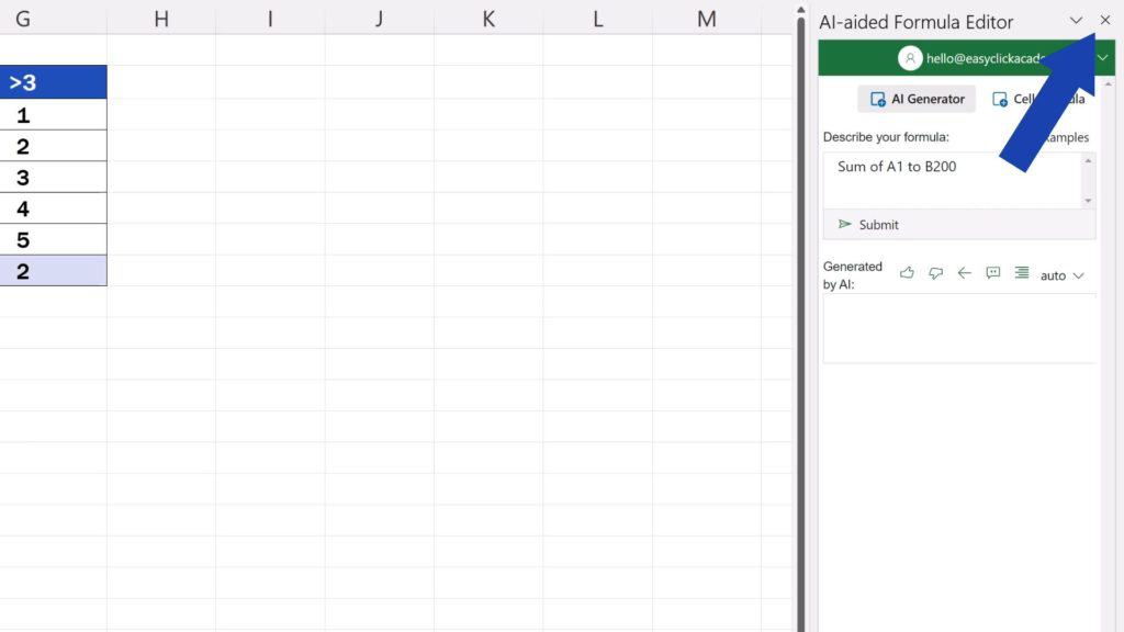 How to Create Excel Formulas with AI - close the editor by clicking on X