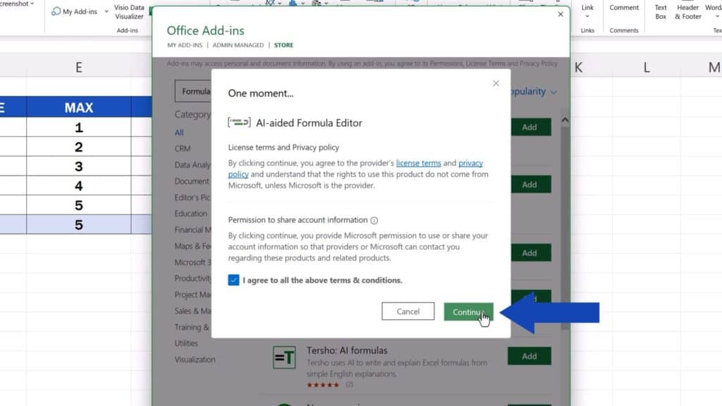 How to Create Excel Formulas with AI -confirm Terms & Conditions, and click on ‘Continue’