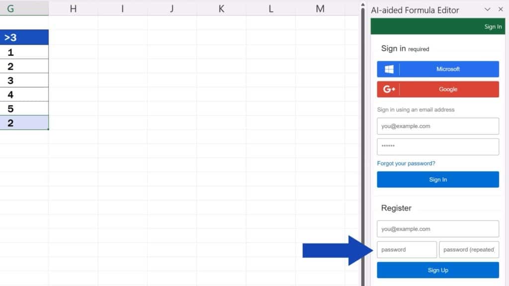 How to Create Excel Formulas with AI - enter email and create password