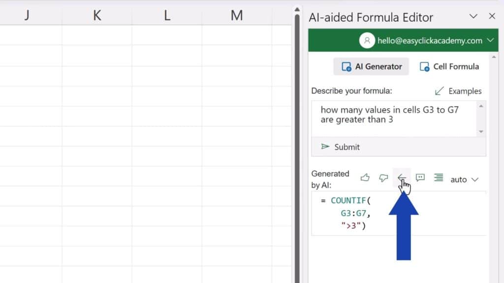 How to Create Excel Formulas with AI - how many values in cells G3 to G7 are greater than 3