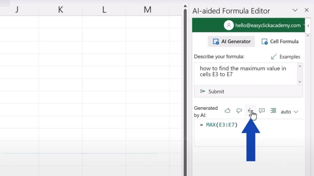 How to Create Excel Formulas with AI -  how to find the maximum value in cells E3 to E7