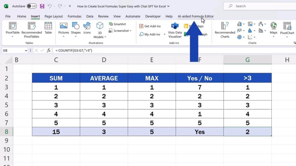 How to Create Excel Formulas with AI - new tab added