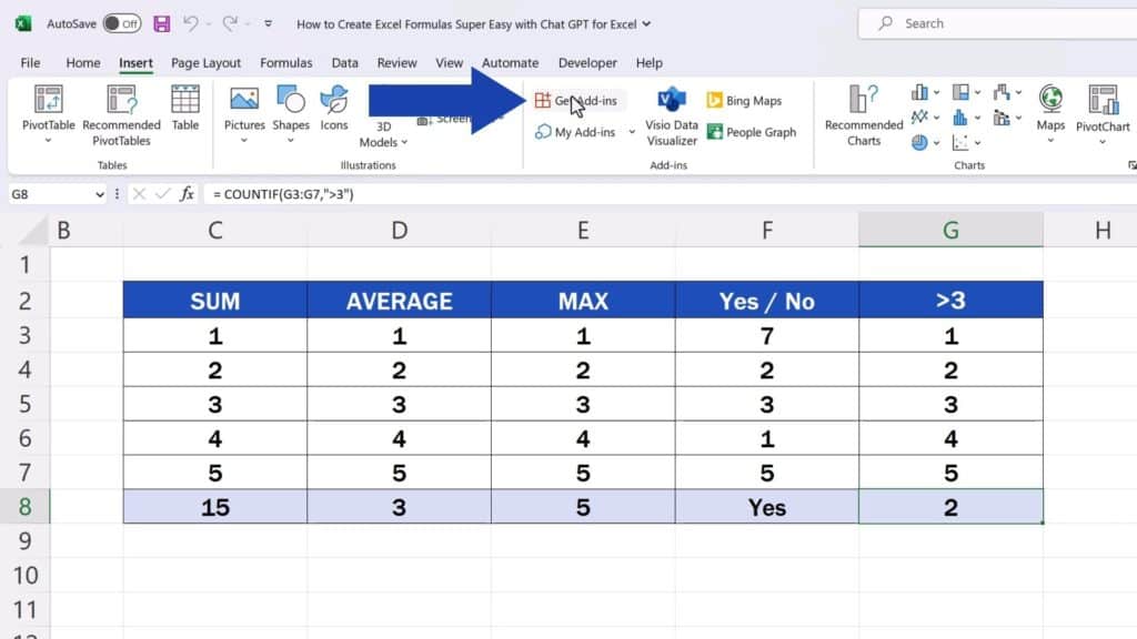 How to Create Excel Formulas with AI - select the option ‘Get Add-ins’