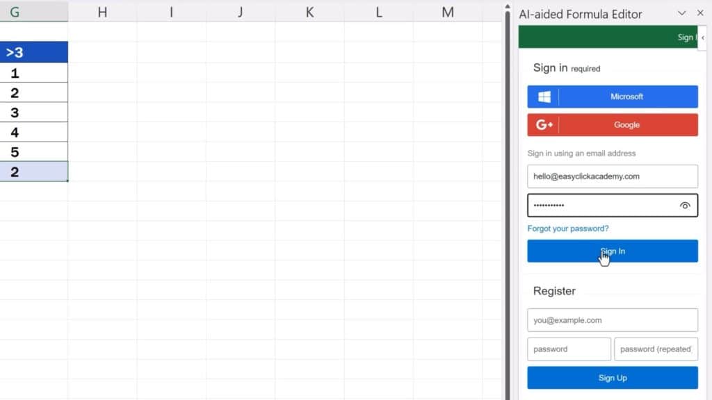 How to Create Excel Formulas with AI - sign in