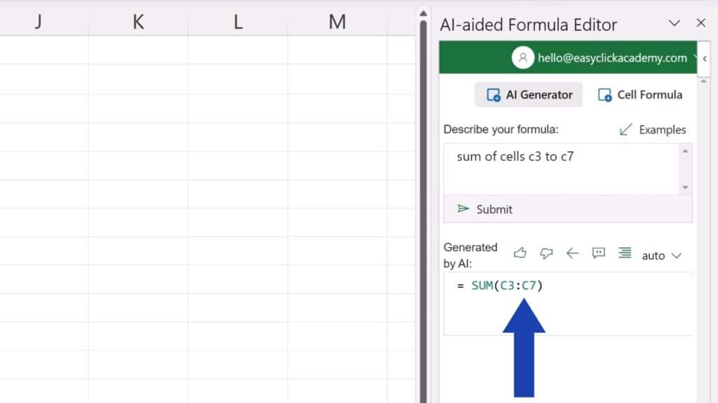 How to Create Excel Formulas with AI - the AI responds in the field below with the right formula