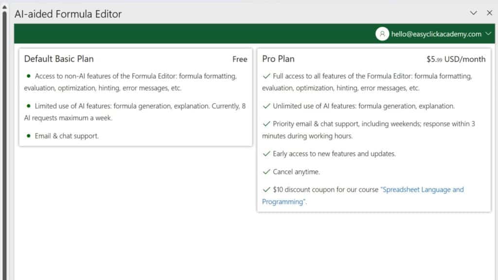 How to Create Excel Formulas with AI -  the information that there’s a monthly subscription