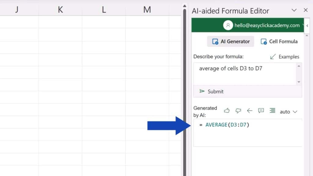 How to Create Excel Formulas with AI - type in ‘average of cells D3 to D7’