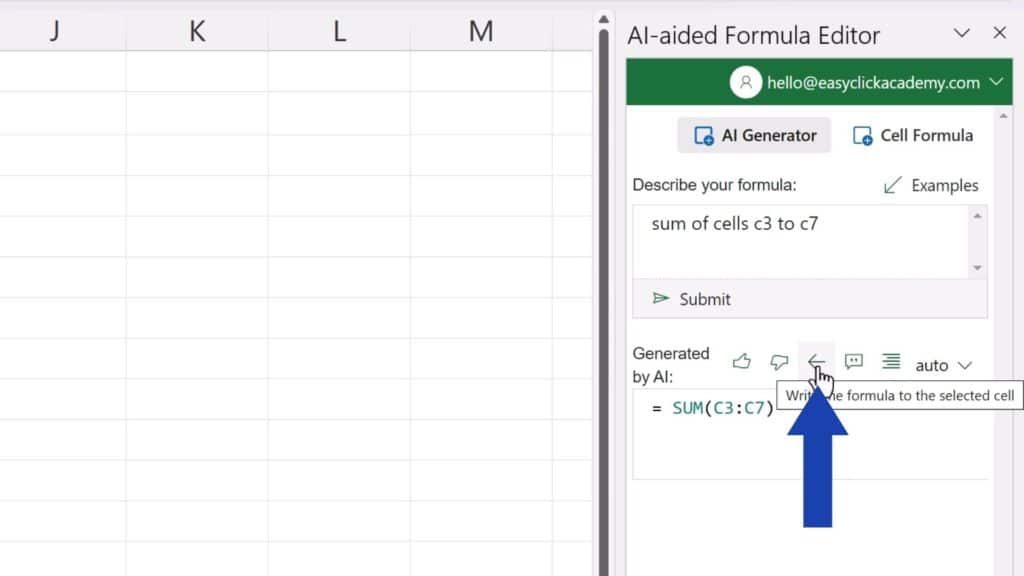 How to Create Excel Formulas with AI - use arrow to copy the formula