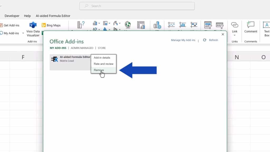 How to Integrate ChatGPT into Excel - click on Remove