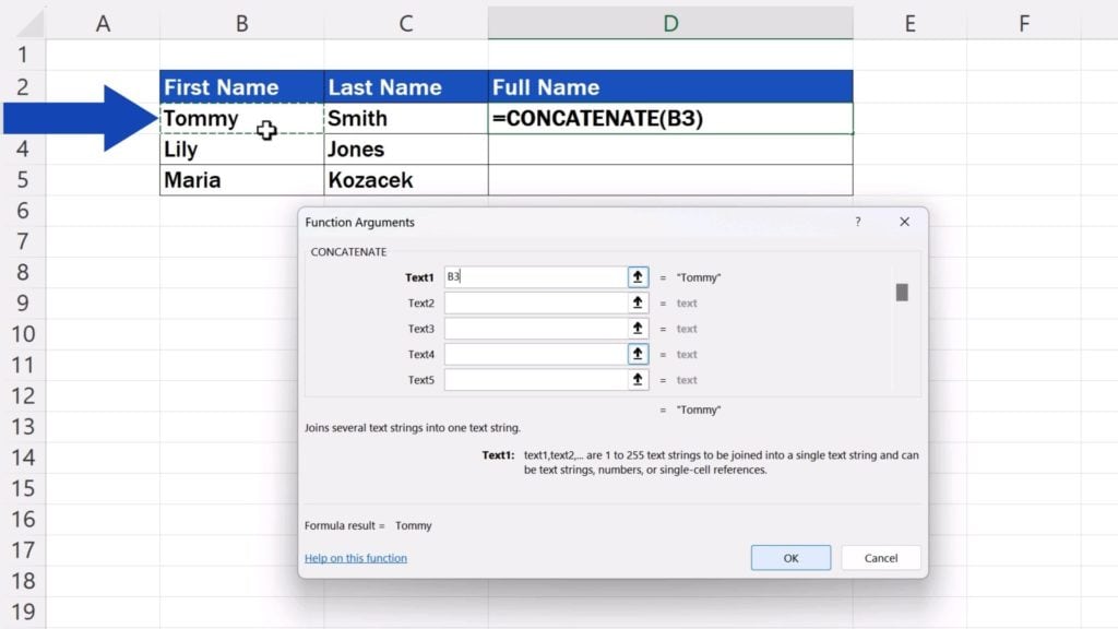 How to Concatenate in Excel - Text1 must contain the first name