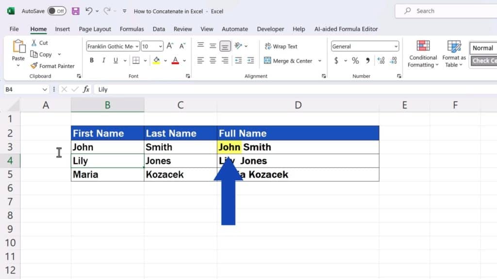 How to Concatenate in Excel - The formula in the target cell draws the information from the source cells