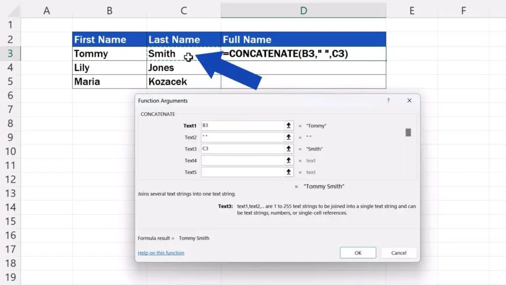 How to Concatenate in Excel - add the surname in Text3