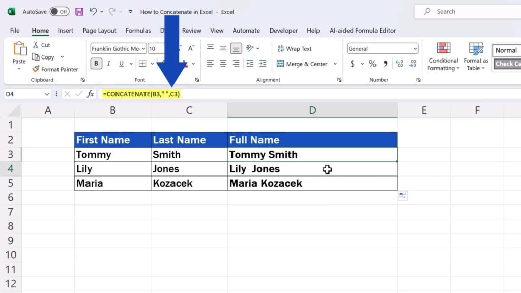 How to Concatenate in Excel - cell contains only the formula CONCATENATE