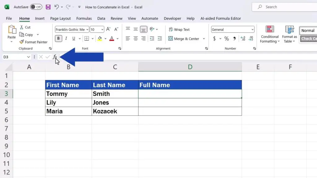 How to Concatenate in Excel - click on ‘fx’