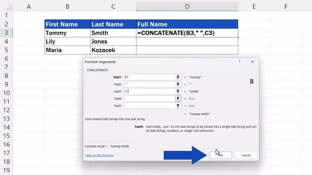 How to Concatenate in Excel - click on OK