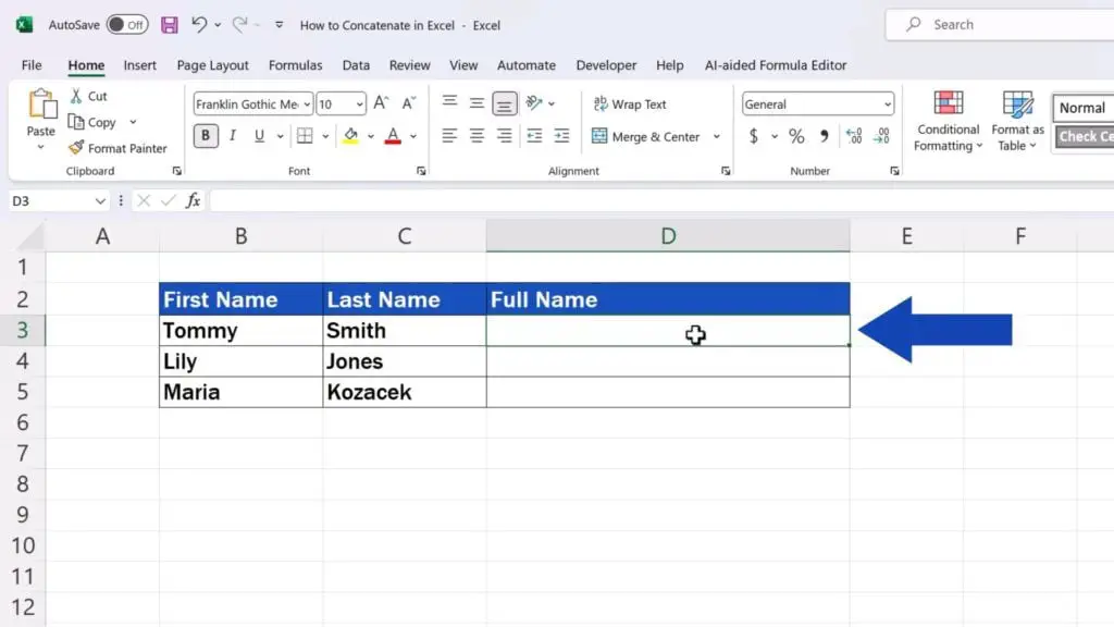 How to Concatenate in Excel - click on a target cell