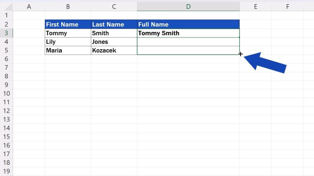 How to Concatenate in Excel - copy the formula by simply dragging down the bottom right corner 