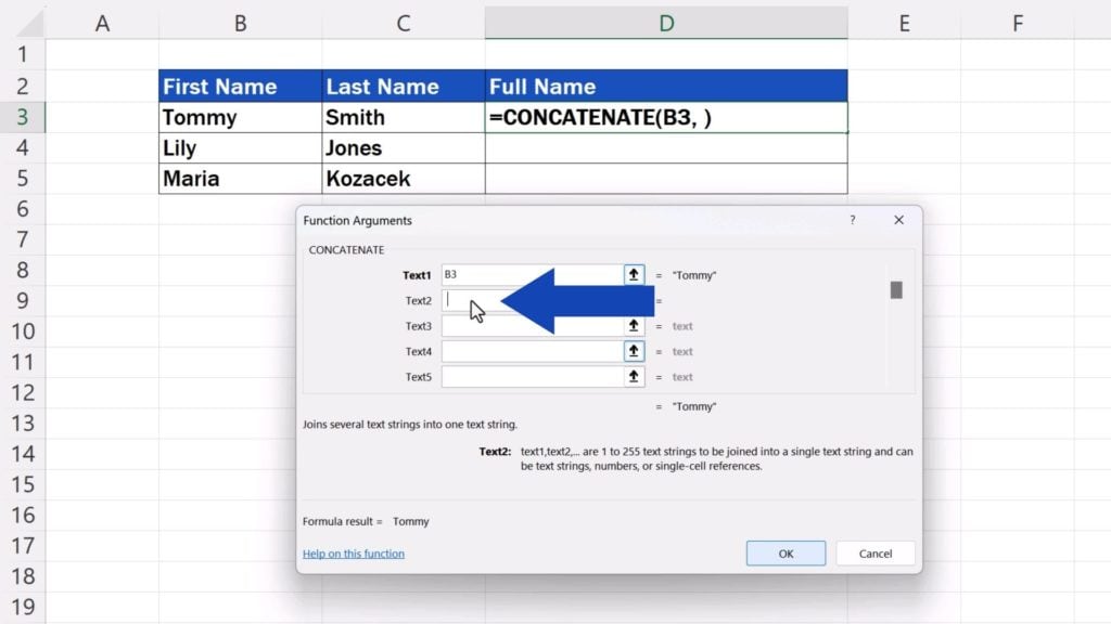 How to Concatenate in Excel - enter a space in Text2