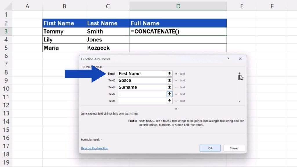 How to Concatenate in Excel - full name to appear in the format ‘first name – space – surname’