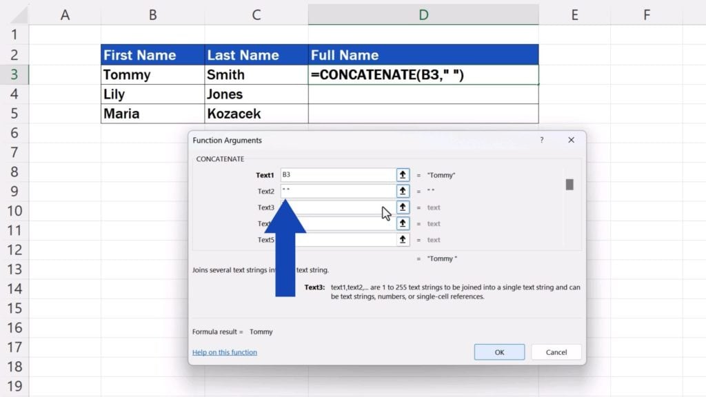 How to Concatenate in Excel - quotation marks have been added around the space in Text2