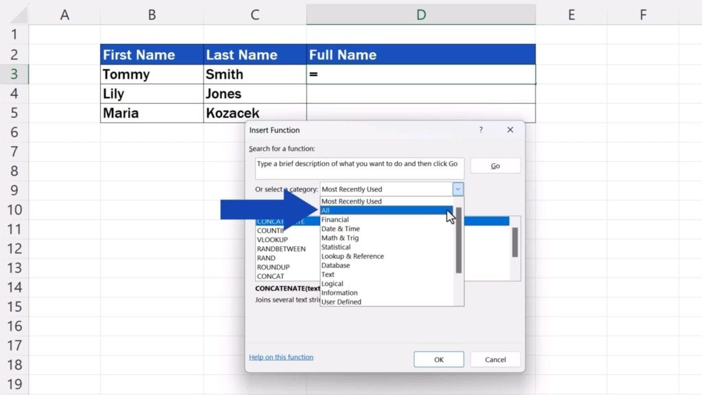 How to Concatenate in Excel - select category All