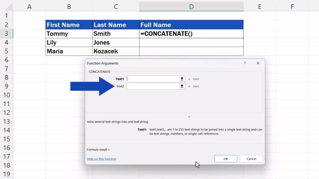 How to Concatenate in Excel - two boxes– Text1 and Text2