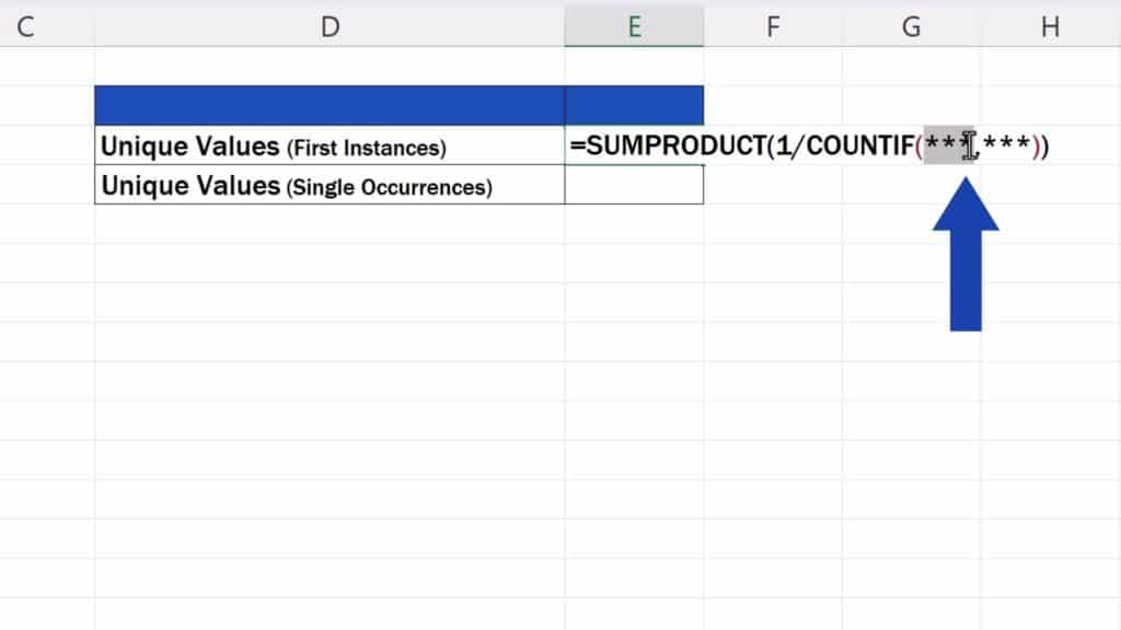 How to Count Unique Values in Excel -  Highlight the first set of asterisks