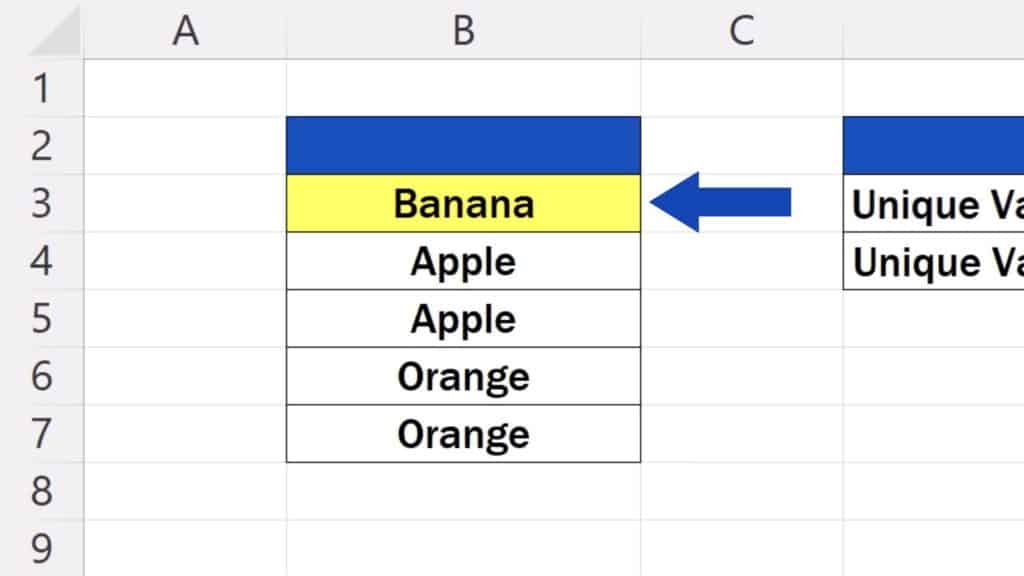 How to Count Unique Values in Excel -  banana is the only value with a single occurrence