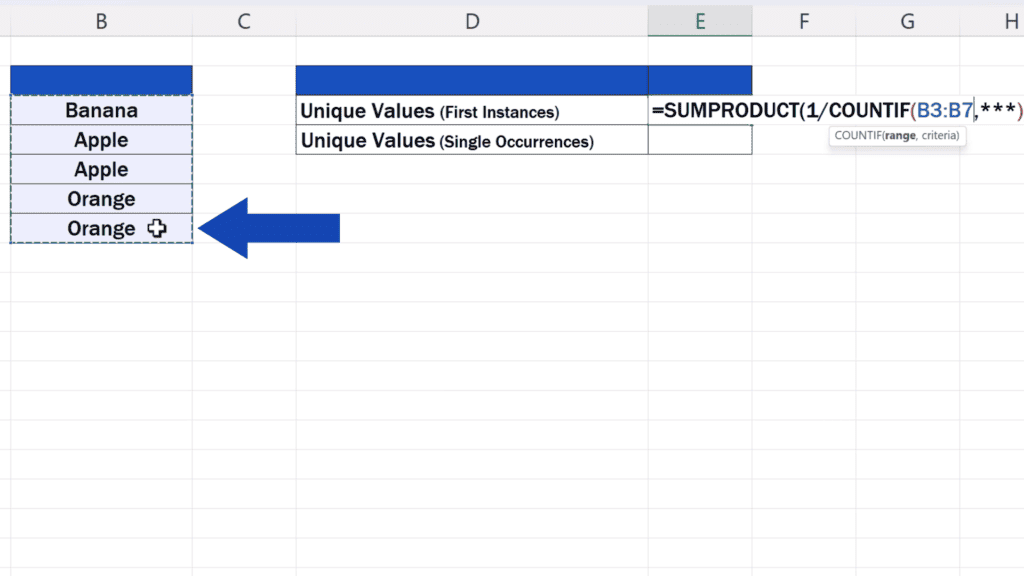 How to Count Unique Values in Excel -  cell range B3 to B7
