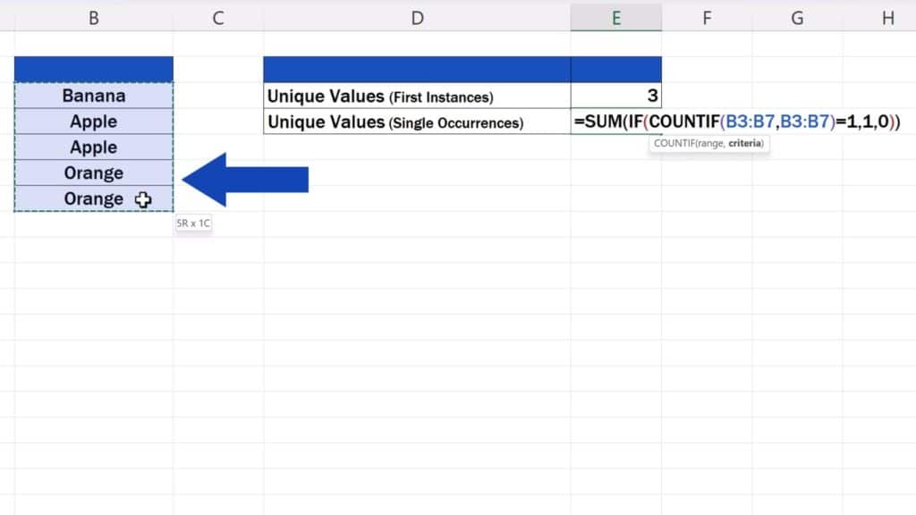 How to Count Unique Values in Excel -  single occurrences