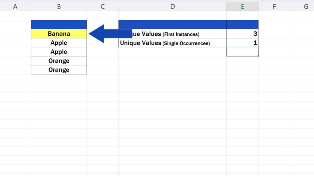 How to Count Unique Values in Excel - there’s only one unique value with a single occurrence - banana