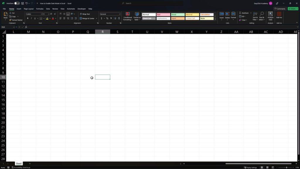 How to Enable Dark Mode in Excel - Excel interface in dark colours