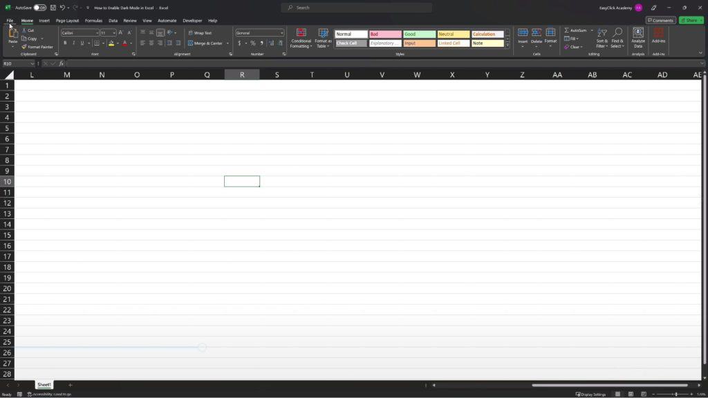 How to Enable Dark Mode in Excel - Excel interface in dark grey
