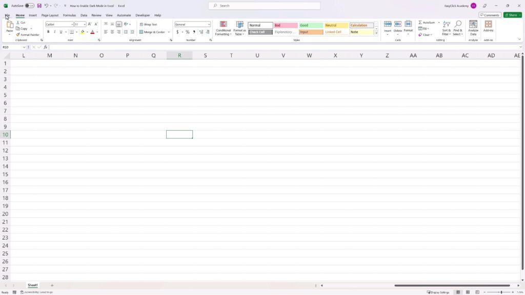 How to Enable Dark Mode in Excel - Excel interface in white