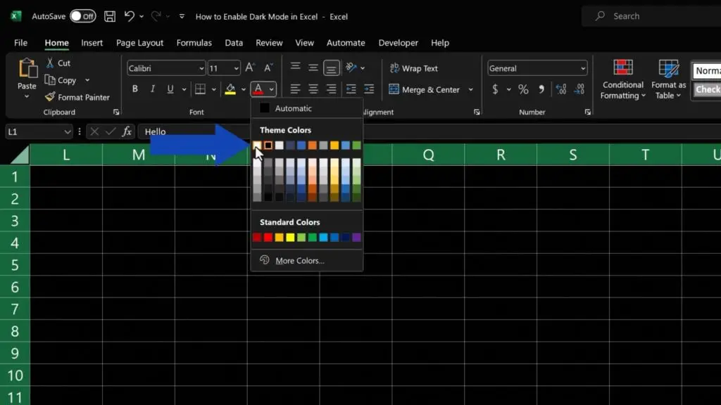 How to Enable Dark Mode in Excel - change the font colour to white