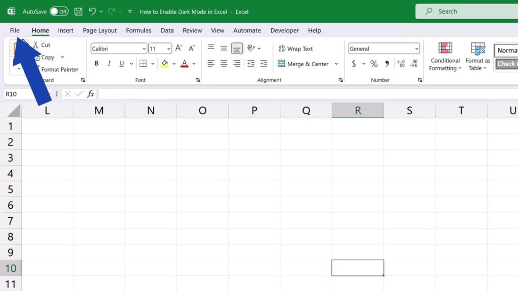 How to Enable Dark Mode in Excel - click on File