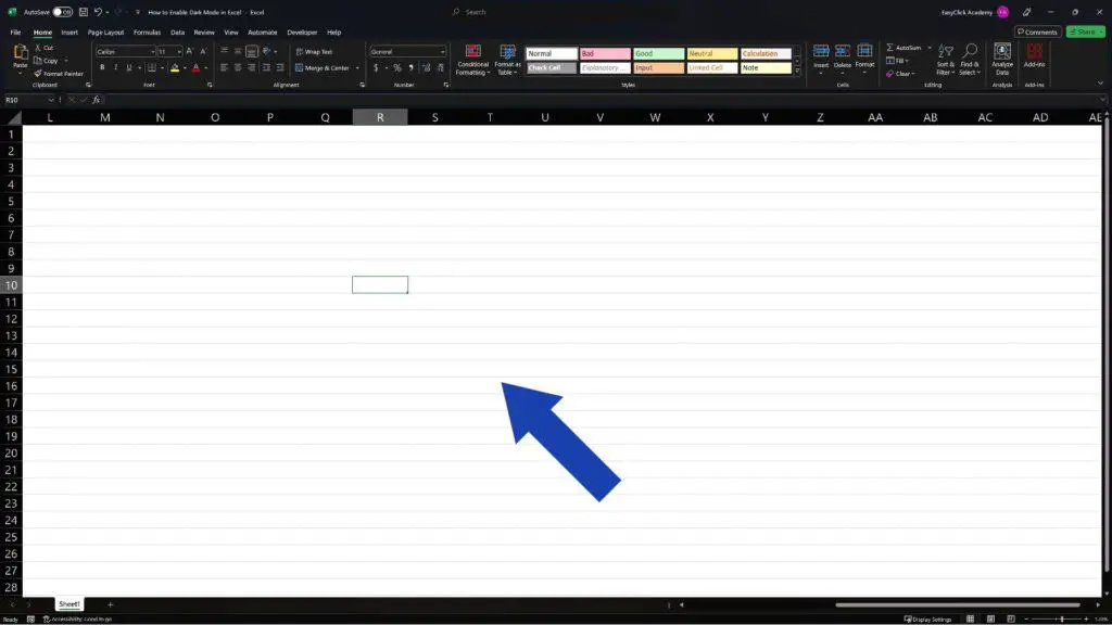 How to Enable Dark Mode in Excel - does not mean the worksheet will appear in dark colours