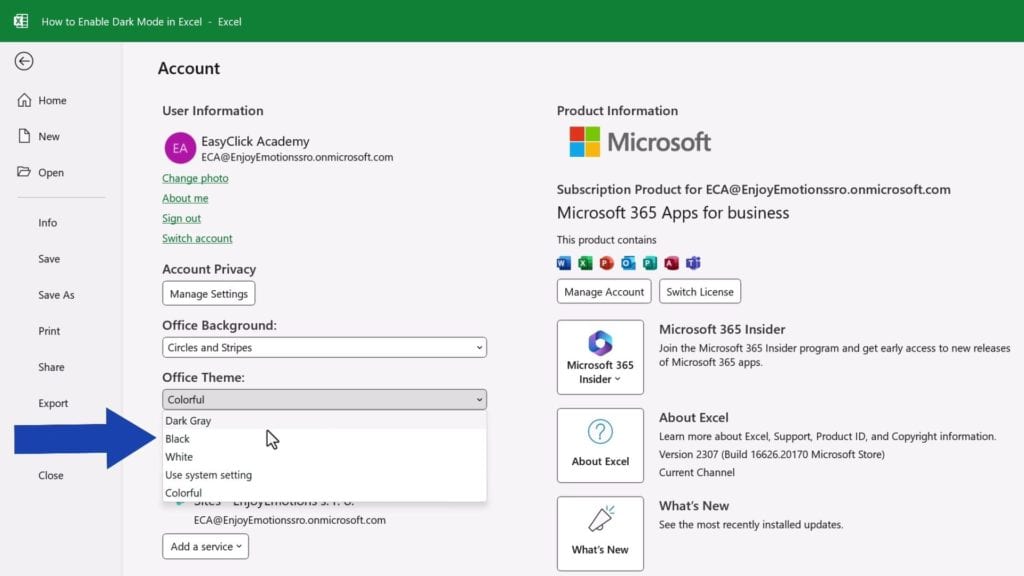 How to Enable Dark Mode in Excel - go for the option ‘Black’
