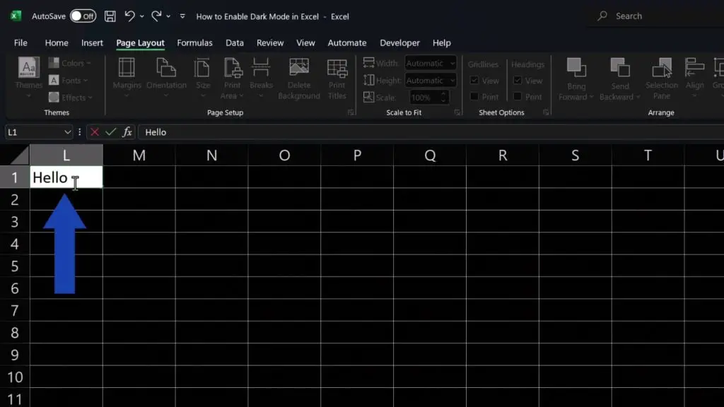 How to Enable Dark Mode in Excel - type into a cell