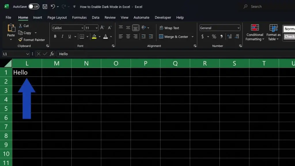 How to Enable Dark Mode in Excel - white font colour on the dark background