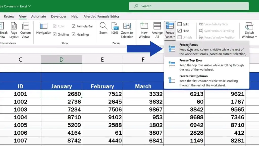 How to Freeze Columns in Excel - choose ‘Freeze Panes’