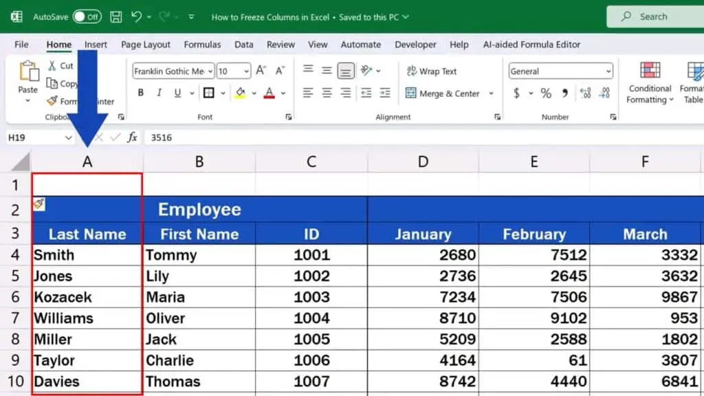 How to Freeze Columns in Excel - freeze the first column