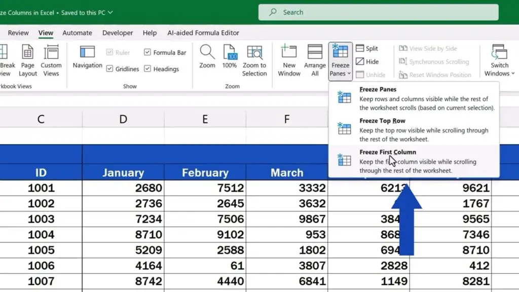 How to Freeze Columns in Excel - select ‘Freeze First Column’