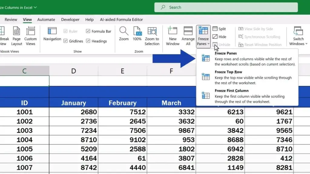 How to Freeze Columns in Excel - select ‘Freeze Panes’