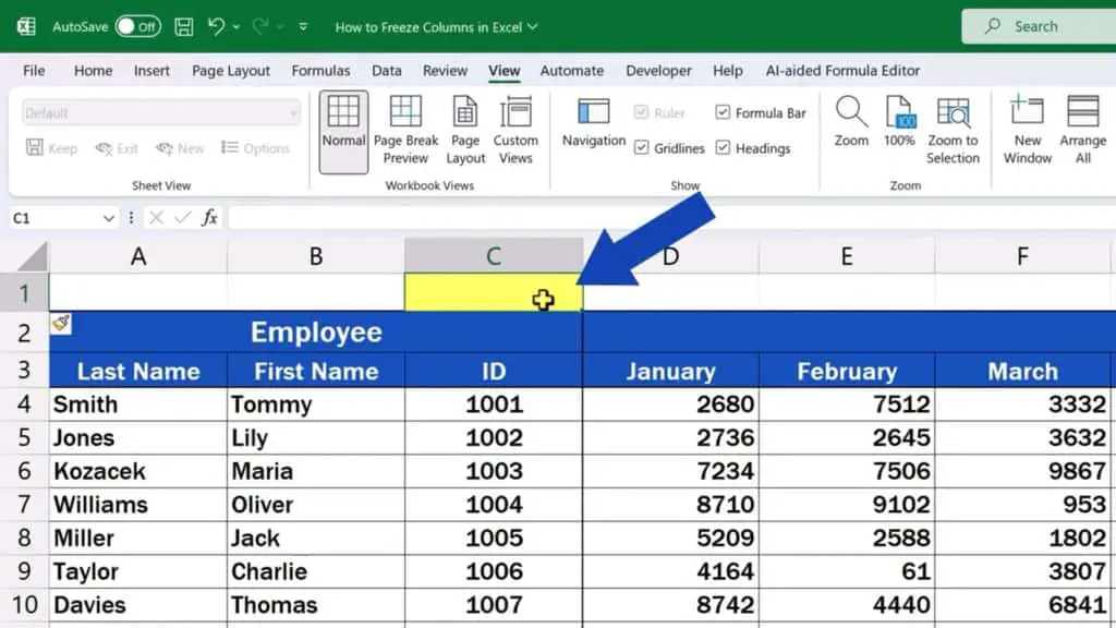 How to Freeze Columns in Excel - set the cell cursor in the column to the right of our selection