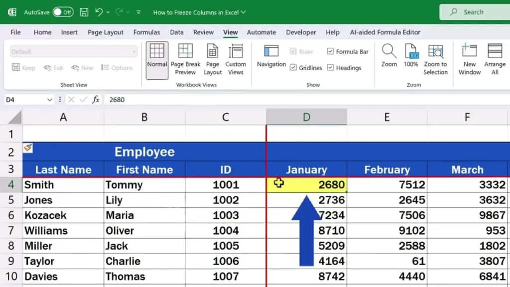 How to Freeze Columns in Excel - set the cursor on the cell D4