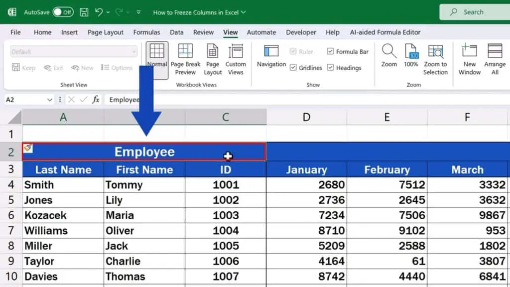 How to Freeze Columns in Excel - table headers often contain merged cells