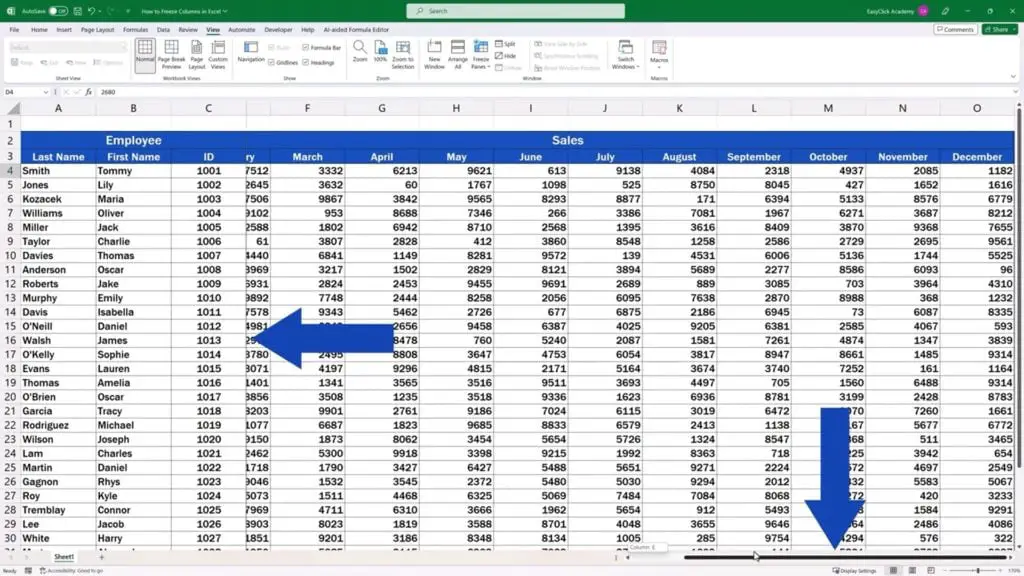 How to Freeze Columns in Excel - the first three columns and the first three rows of the data table have been frozen
