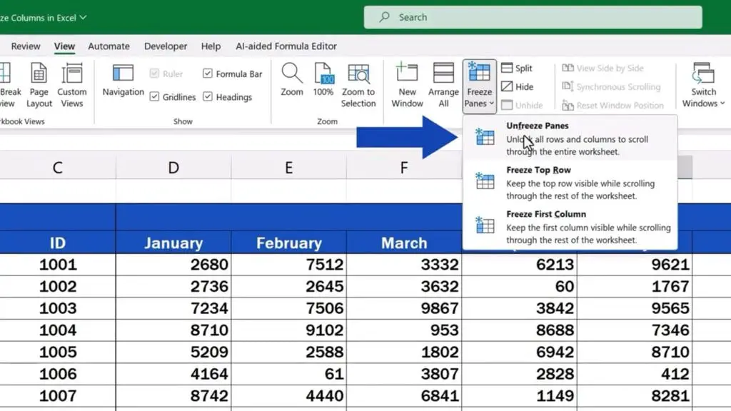 How to Freeze Columns in Excel - unfreeze the column