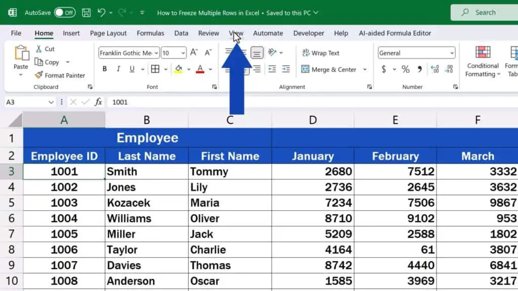 How to Freeze Multiple Rows in Excel - click on the View Tab